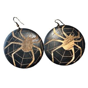 Large wood engraved Spider Earrings